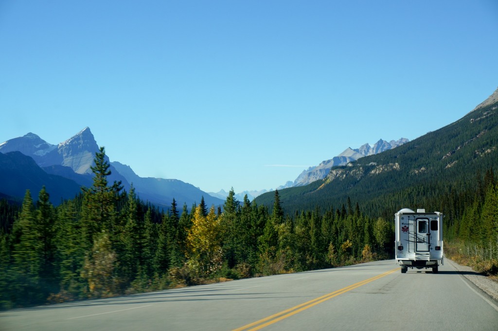 RV driving on scenic road 