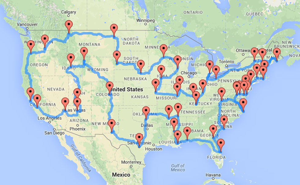 map of USA RV travel route