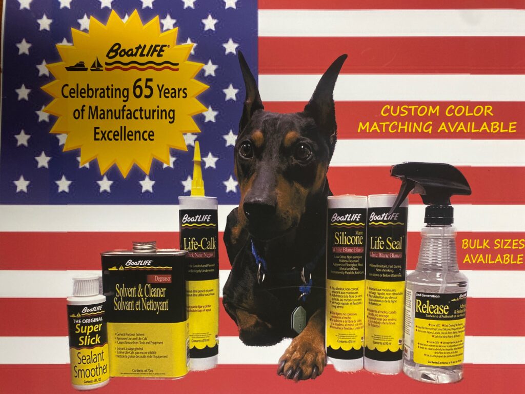 Office dog Schmitty with BoatLIFE products
