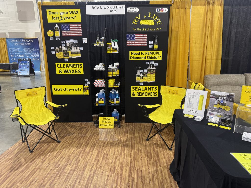 FRVA International Convention & RV Expo Booth showing RV by LIFE's RV cleaning products. RV caulk sealant, and RV cleaners